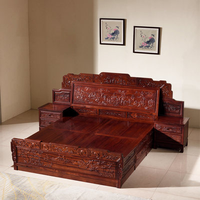 西提国标红木家具 缅甸红酸枝百子古典双人床，诠释东方睡眠美学